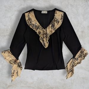 Y2K Jaipur Ruffle Snake Skin Animal Print V Cut Stretch Shirt sz M